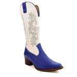 Bota Texana Feminina Country Couro Legítimo Bovino Jacaré Azul Celest e Floater Branco Bordado Real