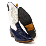 Bota Country Feminina de Franja Cano Médio Couro Bovino Legítimo Anaconda Azul e Floater Branco Bordado Real