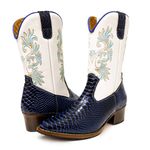 Bota Country Feminina de Franja Cano Médio Couro Bovino Legítimo Anaconda Azul e Floater Branco Bordado Real