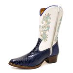 Bota Country Feminina de Franja Cano Médio Couro Bovino Legítimo Anaconda Azul e Floater Branco Bordado Real