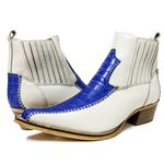 Botina Country Masculina Bico Fino Couro Bovino Legítimo Jacaré Azul Celest e Floater Off White Modelo Costura