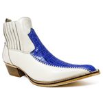 Botina Country Masculina Bico Fino Couro Bovino Legítimo Jacaré Azul Celest e Floater Off White Modelo Costura