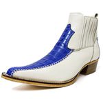 Botina Country Masculina Bico Fino Couro Bovino Legítimo Jacaré Azul Celest e Floater Off White Modelo Costura