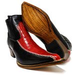 Botina Country Masculina Bico Fino Couro Bovino Legítimo Jacaré Vermelho e Floater Preto Modelo Costura