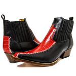 Botina Country Masculina Bico Fino Couro Bovino Legítimo Jacaré Vermelho e Floater Preto Modelo Costura