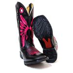 Bota Texana Masculina Bico Quadrado Couro Legítimo Bovino Látego Preto Bordado Cocar Rosa 