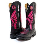 Bota Texana Masculina Bico Quadrado Couro Legítimo Bovino Látego Preto Bordado Cocar Rosa 