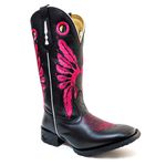 Bota Texana Masculina Bico Quadrado Couro Legítimo Bovino Látego Preto Bordado Cocar Rosa 
