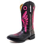 Bota Texana Masculina Bico Quadrado Couro Legítimo Bovino Látego Preto Bordado Cocar Rosa 