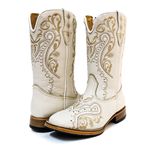 Bota Texana Feminina Couro Legítimo Bovino Floater Off White Bordado Real