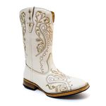 Bota Texana Feminina Couro Legítimo Bovino Floater Off White Bordado Real