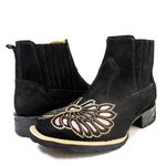 Botina Feminina Country Bico Quadrado Couro Nobuck Preto e Corte Laser Com Gliter Rosa