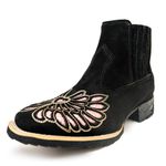 Botina Feminina Country Bico Quadrado Couro Nobuck Preto e Corte Laser Com Gliter Rosa