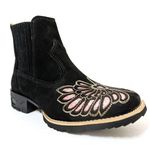 Botina Feminina Country Bico Quadrado Couro Nobuck Preto e Corte Laser Com Gliter Rosa