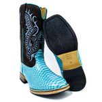 Bota Texana Feminina Couro Legítimo Bovino Anaconda Azul Celeste e Mustang Café Bordado Real