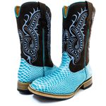 Bota Texana Feminina Couro Legítimo Bovino Anaconda Azul Celeste e Mustang Café Bordado Real