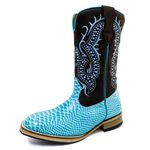 Bota Texana Feminina Couro Legítimo Bovino Anaconda Azul Celeste e Mustang Café Bordado Real