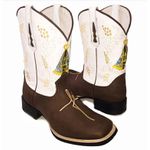 Bota Texana Masculina Cano Padrão Couro Legítimo Mustang Café Floater Branco Bordado Fé e N.S