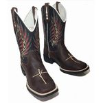 Bota Texana Masculina Cano Padrão Couro Legítimo Bovino Mustang Café e Preto Bordado Fé e Asa