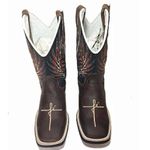 Bota Texana Masculina Cano Padrão Couro Legítimo Bovino Mustang Café e Preto Bordado Fé e Asa