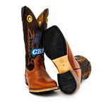 Bota Texana Masculina Couro Legítimo Pull Up Canela e Mustang Café Bordado CRP Salto Carrapeta