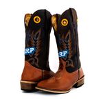 Bota Texana Masculina Couro Legítimo Pull Up Canela e Mustang Café Bordado CRP Salto Carrapeta