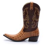 Bota Texana Masculina Bico Fino Couro Legítimo Bovino Mustang Pinhão e Dubai Caramelo