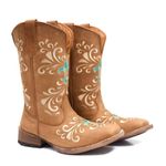 Bota Texana Country Feminina Couro Bovino Legítimo Crazy Horse Tabaco e Bordado Cruz Turquesa