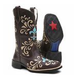 Bota Texana Country Feminina Couro Bovino Legítimo Floater Café e Fóssil Espada Azul