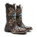 Bota Texana Country Feminina Couro Bovino Legítimo Floater Café e Fóssil Espada Azul