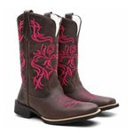 Bota Texana Country Feminina Couro Bovino Legítimo Fóssil Café Floral Rosa Pink