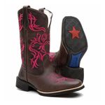 Bota Texana Country Feminina Couro Bovino Legítimo Fóssil Café Floral Rosa Pink