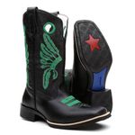 Bota Texana Country Masculina Couro Bovino Legítimo Floater e Látego Preto Cocar Verde