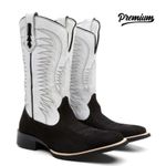 Bota Texana Country Masculina Couro Bovino Legítimo Nobuck Preto e Floater Branco