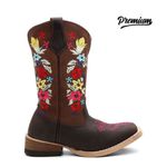 Bota Texana Country Feminina Couro Bovino Legítimo Crazy Horse Pinhão e Café Rosas Coloridas