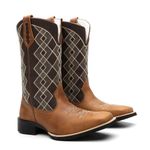 Bota Texana Country Masculina Couro Bovino Legítimo Fóssil Bordado Xadrez Bege