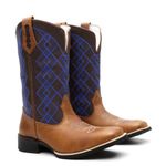 Bota Texana Country Masculina Couro Bovino Legítimo Fóssil Bordado Xadrez Azul