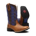 Bota Texana Country Masculina Couro Bovino Legítimo Fóssil Bordado Xadrez Azul