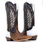 Bota Texana Masculina Couro Legítimo Látego Preto e Branco e Crazy Horse Café Bordado Raio Salto Carrapeta 