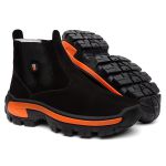 Botina Masculina Couro Nobuck Preto Laranja Johncat com Biqueira Composite Reforçada, Solado Micro Expandido Blaqueado, Palmilha Gel Anatômica Copia