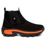 Botina Masculina Couro Nobuck Preto Laranja Johncat com Biqueira Composite Reforçada, Solado Micro Expandido Blaqueado, Palmilha Gel Anatômica Copia