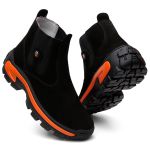 Botina Masculina Couro Nobuck Preto Laranja Johncat com Biqueira Composite Reforçada, Solado Micro Expandido Blaqueado, Palmilha Gel Anatômica Copia