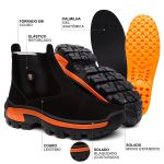 Botina Masculina Couro Nobuck Preto Laranja Johncat com Biqueira Composite Reforçada, Solado Micro Expandido Blaqueado, Palmilha Gel Anatômica Copia