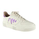 Tênis Feminino Casual Movers Couro Off White/Roxo para Trabalho Dia a Dia Passeios Moderno Elegante