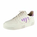 Tênis Feminino Casual Movers Couro Off White/Roxo para Trabalho Dia a Dia Passeios Moderno Elegante