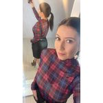 BLUSA FEMININA EM TULE MANGA LONGA XADREZ AZUL