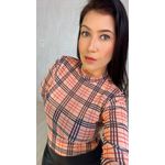 BLUSA FEMININA EM TULE MANGA LONGA XADREZ NUDE