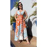 Vestido Midi Linho Estampa Rosto de Onça Azul com LARANJA