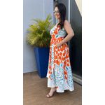 Vestido Midi Linho Estampa Rosto de Onça Azul com LARANJA