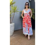 Vestido Midi Linho Estampa Rosto de Onça Azul com vermelho